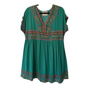 Savanna Jane Womens Embroidered Boho Tunic Dress Green Floral V-Neck  L